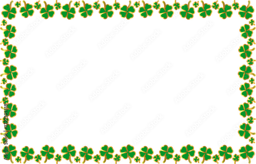 Vector Illustration Art of A Beautiful St. Patrick's Day Postcard or Wishes Card with Green - Gold Shamrock or 4-Leaf Clover Frame, Isolated on White Background. Vector Illustration Art of A Beautiful St. Patrick's Day Postcard or Wishes Card with Green - Gold Shamrock or 4-Leaf Clover Frame, Isolated on White Background.
