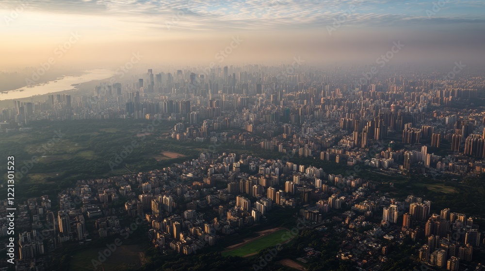 Fototapeta premium Stunning Aerial View of a Bustling Coastal City Showcasing Skyscrapers, Waterfront, and Vibrant Skyline During Late Afternoon