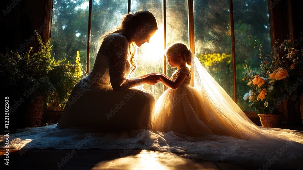 Fototapeta premium mother gracefully holds her daughters hands as they sit in a bright room illuminated by sunlight. Beautiful flowers surround them, creating a warm and intimate atmosphere