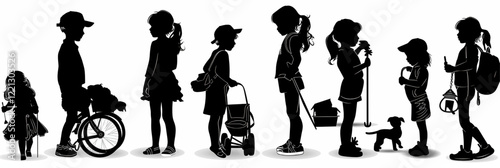 Silhouettes of people shopping with bags in a fashionable black vector illustration and their kids, unique vector icon set