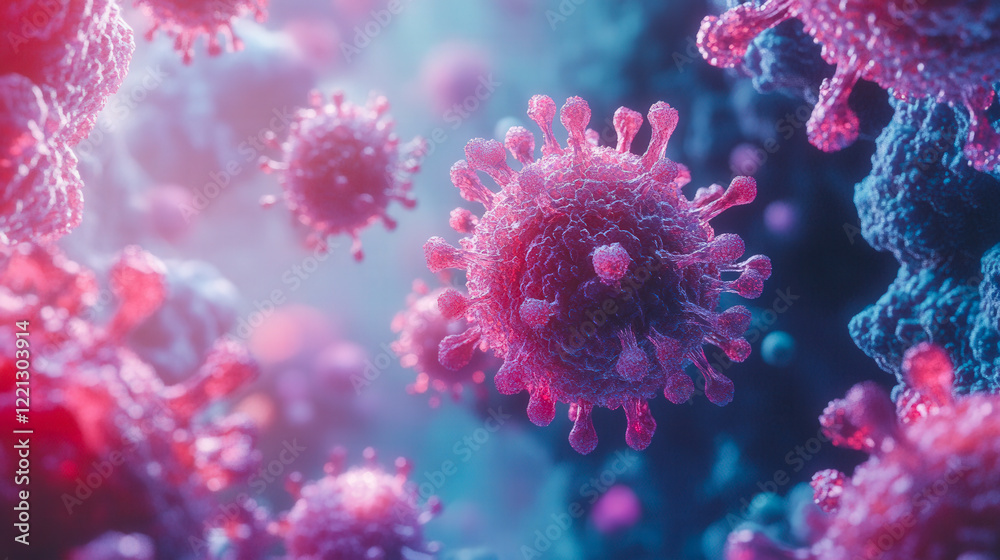 Naklejka premium Close-up of 3D virus particles in vivid blue and pink tones, highlighting molecular structure and detail in a vibrant setting..