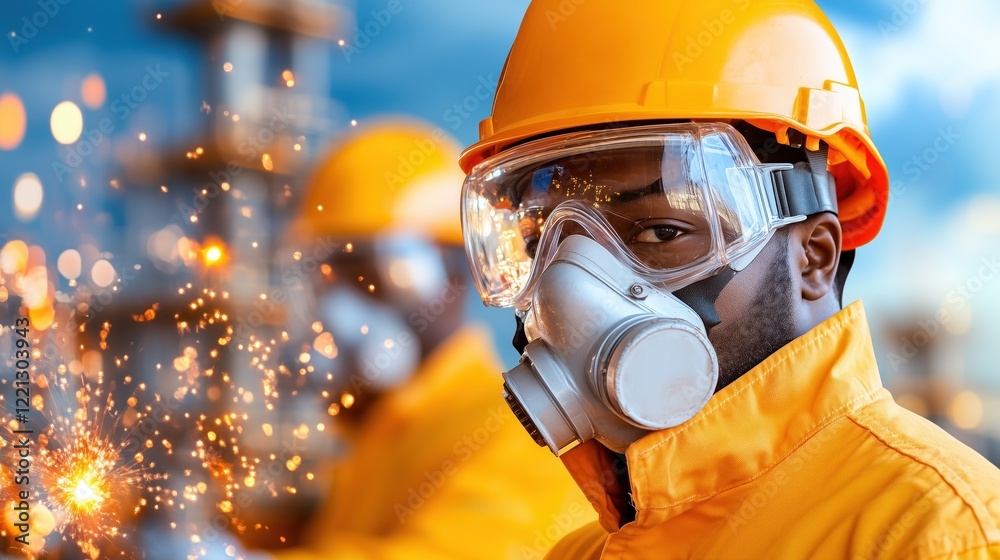 Two workers wearing orange uniforms and safety helmets handle equipment at a construction site. They use protective masks amid sparks flying in the air. setting is outdoors Two workers wearing orange uniforms and safety helmets handle equipment at a construction site. They use protective masks amid sparks flying in the air. setting is outdoors