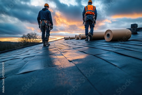 Wallpaper Mural Builders working on a pitched roof at sunset with rolls of roofing materials Torontodigital.ca