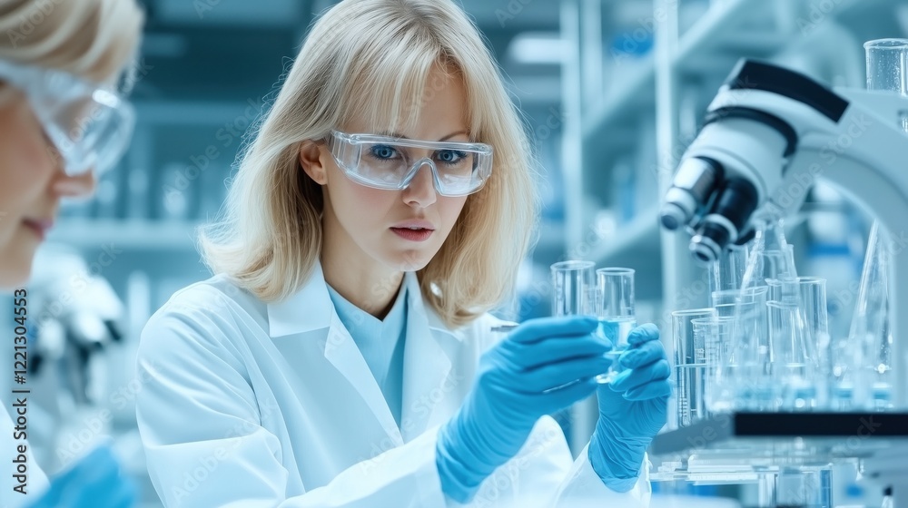 Two scientists are focused on their work in a modern laboratory Two scientists are focused on their work in a modern laboratory