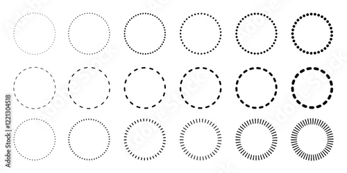 Circle shapes set with and dots and dashed lines, dotted and dashed round frames
