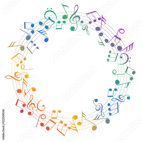 Circular frame with colored musical notes, dynamic music abstract design background