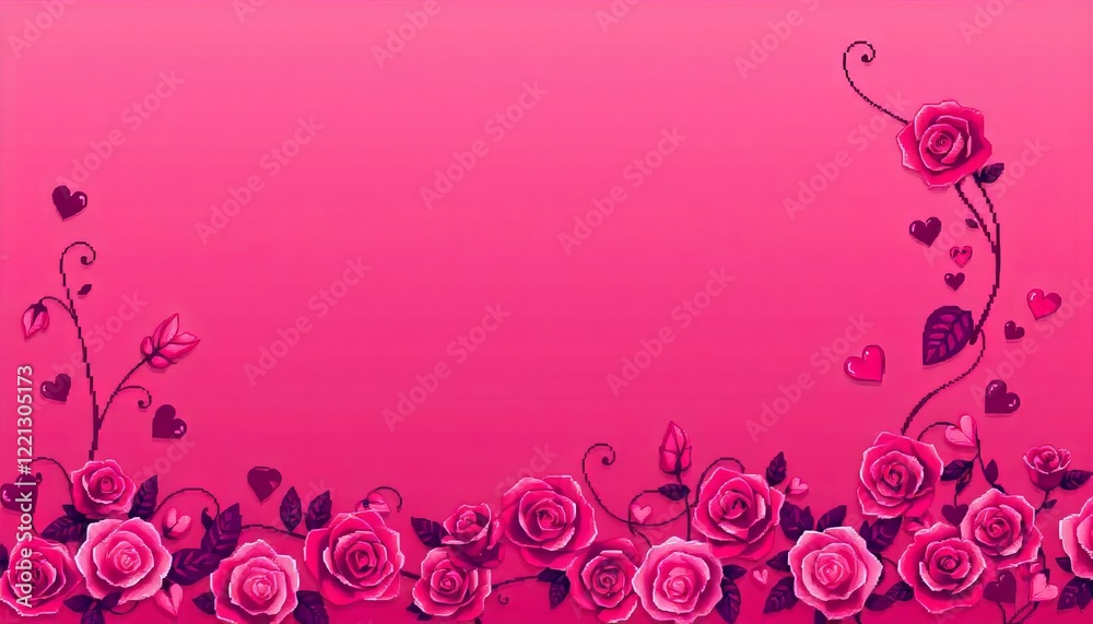 Romantic Rose Border: A delicate border of pink roses and hearts creates a romantic and charming background, perfect for Valentine's Day, wedding invitations, or any romantic project. Romantic Rose Border: A delicate border of pink roses and hearts creates a romantic and charming background, perfect for Valentine's Day, wedding invitations, or any romantic project.
