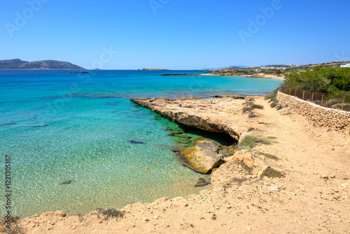 Obraz na płótnie Ano Koufonisi beach with rocks and azure sea water. Small Cyclades, Greece w salonie