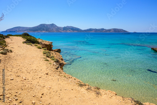 Obraz na płótnie Ano Koufonisi beach with azure sea water. Keros island in background. Small Cyclades, Greece w salonie