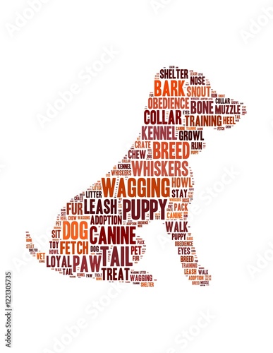 tagcloud with a shape of a dog made of canine terms and words