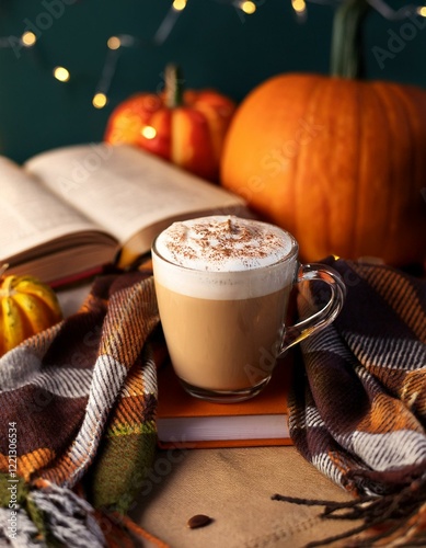 Generated image A pumpkin latte in a cozy book with a plaid blanket and a boo