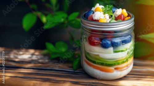 seven layer salad in mason jar on rustic wooden table photo