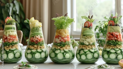 seven layer salad  in unique glass vases on table photo