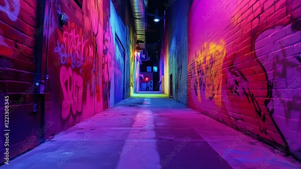 Fototapeta premium Neon-lit graffiti alleyway at night, vibrant colors, urban art, background city lights, ideal for nightlife or urban themes