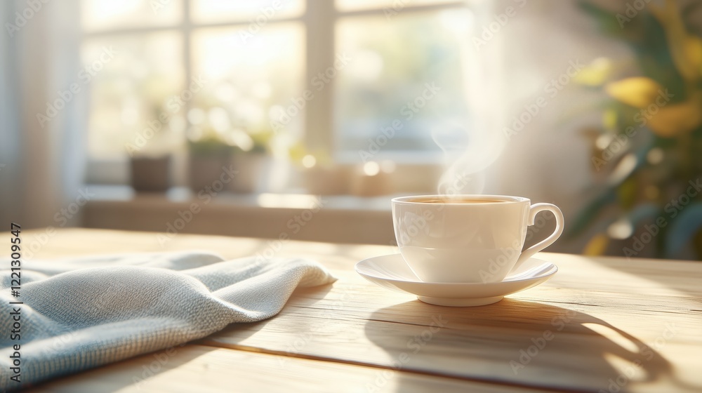 Steaming cup of coffee sitting on table by sunny window in cozy home Steaming cup of coffee sitting on table by sunny window in cozy home
