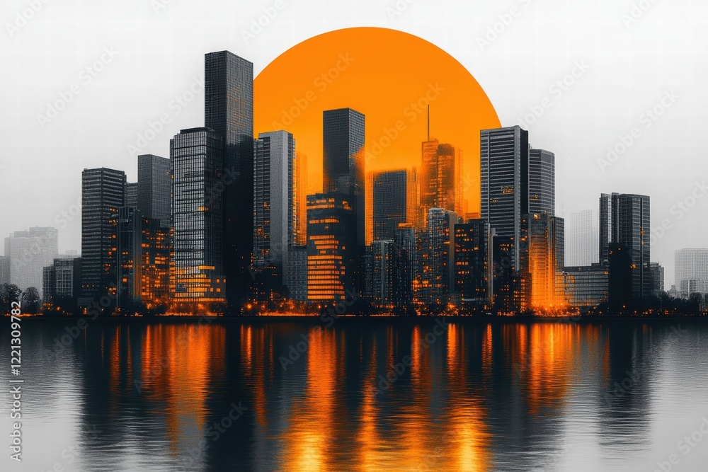 Fototapeta premium Vibrant skyline at dusk with orange sun setting behind towering buildings in a reflective lake