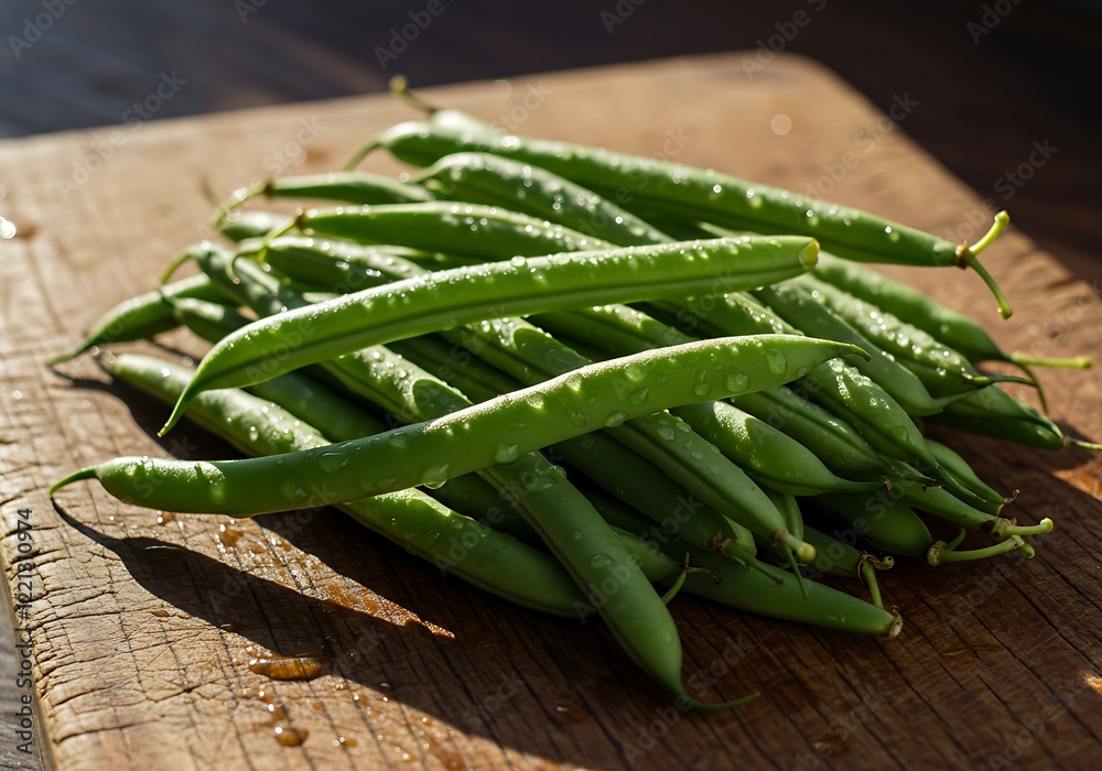 Fresh Green Beans on Wooden Board in Sunlight