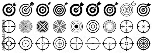 Target and aim icon set, archery target with arrow, crosshair, darts bullseye, precision, accuracy, goal symbol, focus icon for aiming, archery, shooting or navigation sign