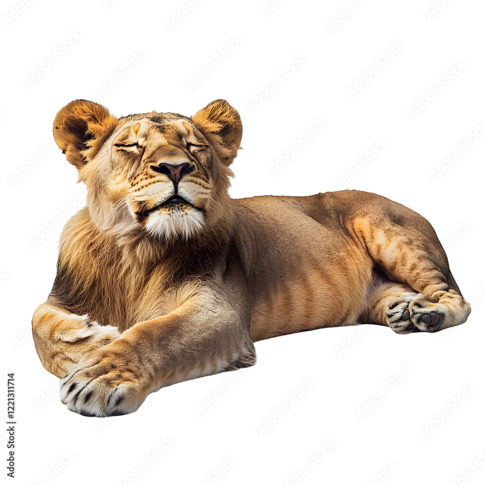 Fototapeta premium Majestic Lion Sunbathing on Pristine White Background