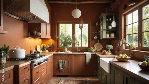 Warmth in the Kitchen, Earthy Tones Terracotta and Olive Green, Inviting and Cozy Space, Textured Finishes for Depth, Comforting Atmosphere for Family Gatherings, Natural Materials and Earthy Hues, Co photo