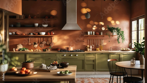 Warmth in the Kitchen, Earthy Tones Terracotta and Olive Green, Inviting and Cozy Space, Textured Finishes for Depth, Comforting Atmosphere for Family Gatherings, Natural Materials and Earthy Hues, Co photo