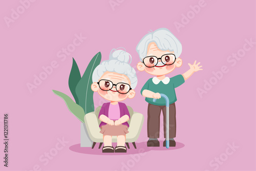 Cute cartoon characters of elderly grandparents sitting at sofa. Premium illustration vector.cartoon animation design.