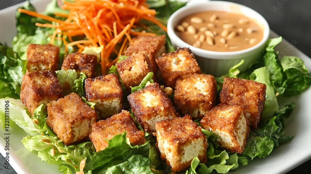 Fototapeta premium A plate of fried tofu with a side of salad and a dipping sauce