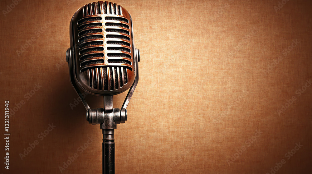 Fototapeta premium Rustic Vintage Microphone with Textured Brown Background