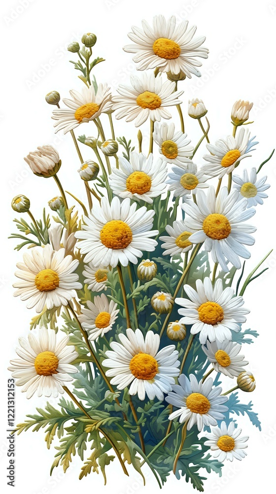 Fototapeta premium Beautiful botanical illustration of blooming chamomile or daisy flowers with white petals and yellow centers, perfect for natural medicine packaging, herbal tea design or wellness products.