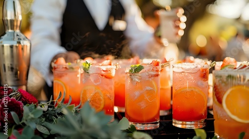 Refreshing citrus cocktails with fresh garnish served at luxury event, perfect for restaurant menu, bar promotion or catering advertisement background. photo