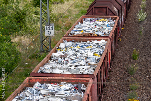 Above view of railway cargo train wagon filled by old rusty black metal scrap garbage forfactory plant recycling. Steel waste collecting, disposal transportation logistics. Environmental protection