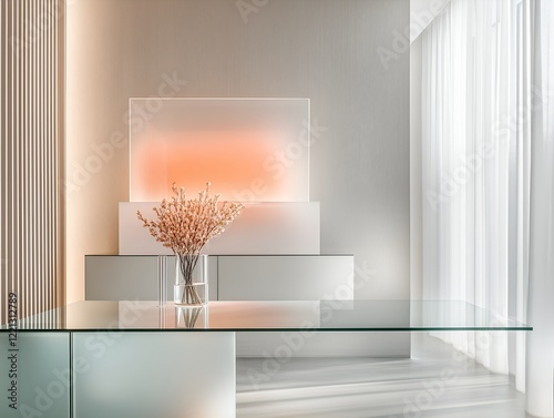 Minimalist living room with vase on table, monochrome gray wall, and peach decor photo