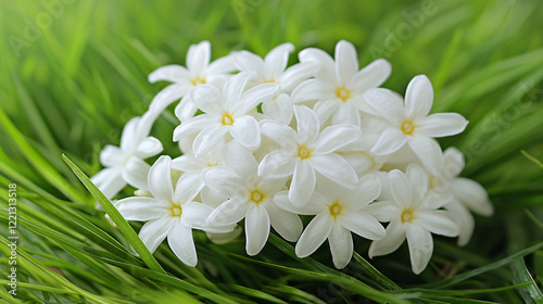 A cluster of white flowers rests gracefully in a bed of green grass, radiating calm and natural beauty.  photo