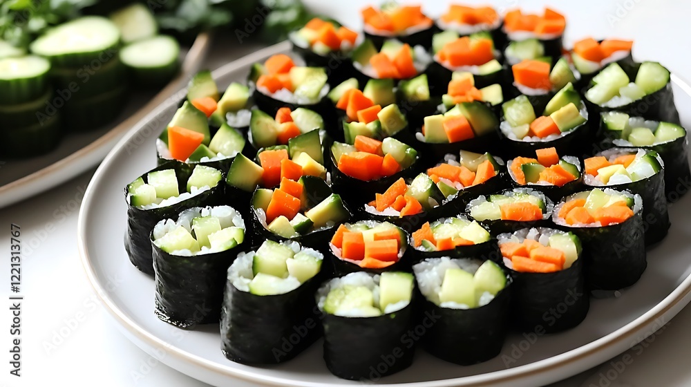 A plate of sushi with carrots and cucumbers A plate of sushi with carrots and cucumbers
