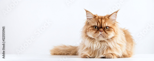 Persian cat lounging on a table with light background