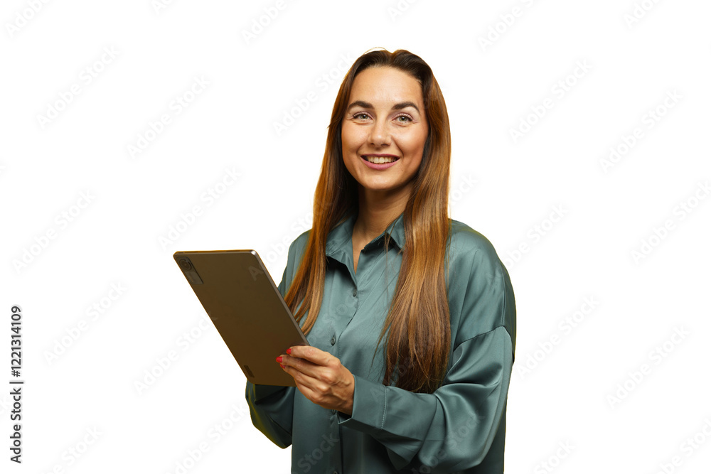 Smiling woman holding a tablet while wearing a green blouse in a bright studio setting Smiling woman holding a tablet while wearing a green blouse in a bright studio setting