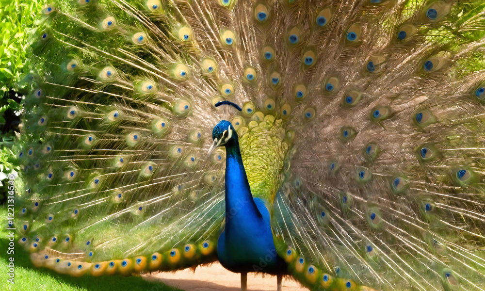 Obraz premium Vibrant peacock displays its stunning plumage in a lush garden setting during bright daylight hours