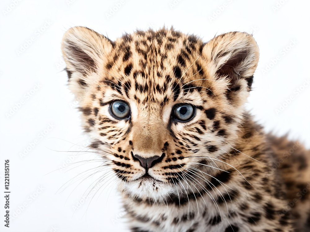 Fototapeta premium Young leopard cub with striking blue eyes poses against a light background