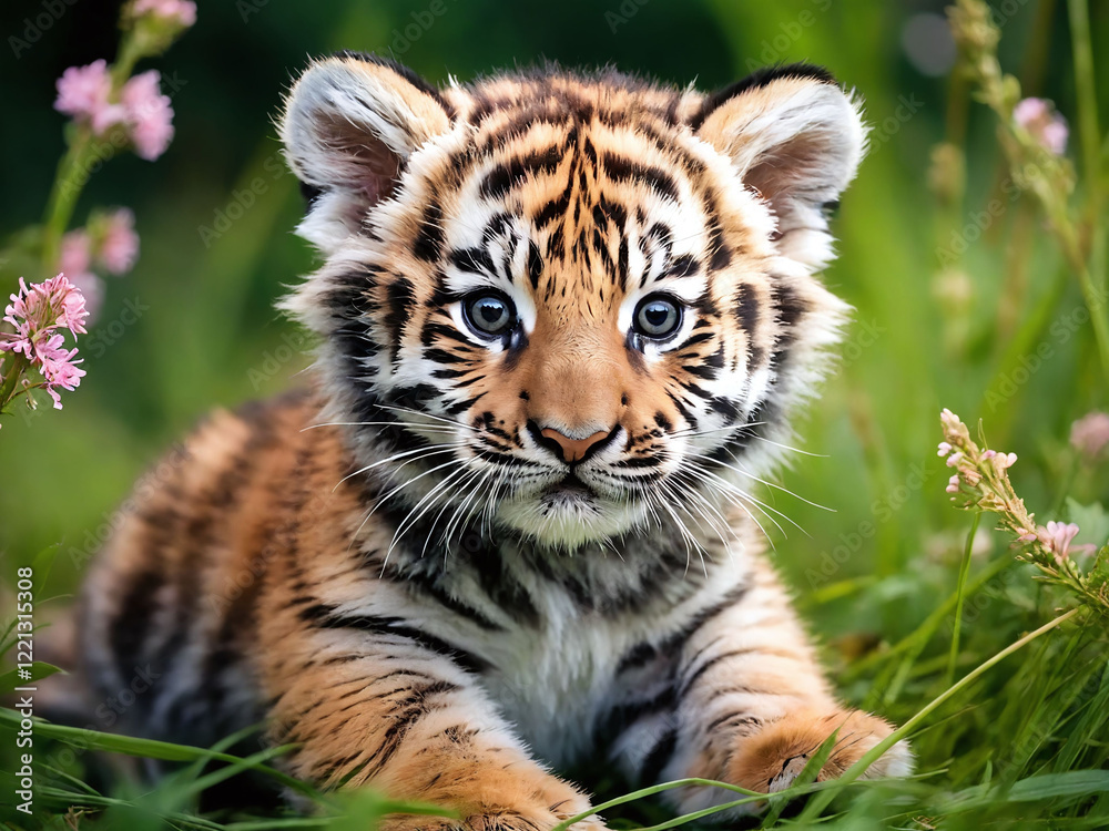 Fototapeta premium Striking young tiger cub resting among vibrant green grass and delicate flowers in a natural setting