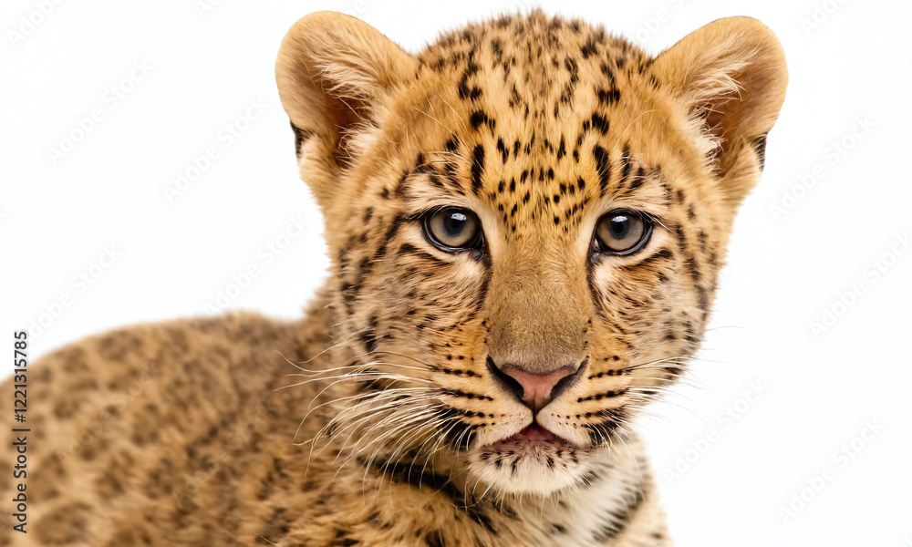 Fototapeta premium Young leopard cub gazes curiously with striking eyes and distinctive spots in a studio setting
