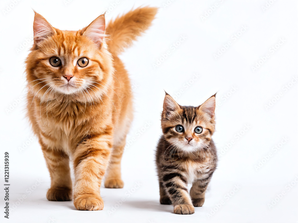 Obraz premium Two playful cats stroll together, showcasing their unique coats and spirited personalities in a bright setting