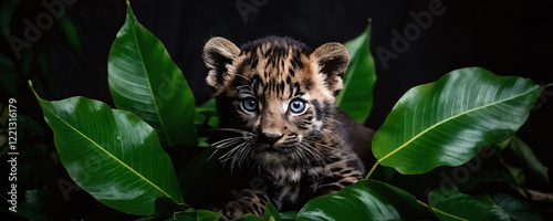 Striking young tiger cub peeking through lush green leaves in a dark setting
