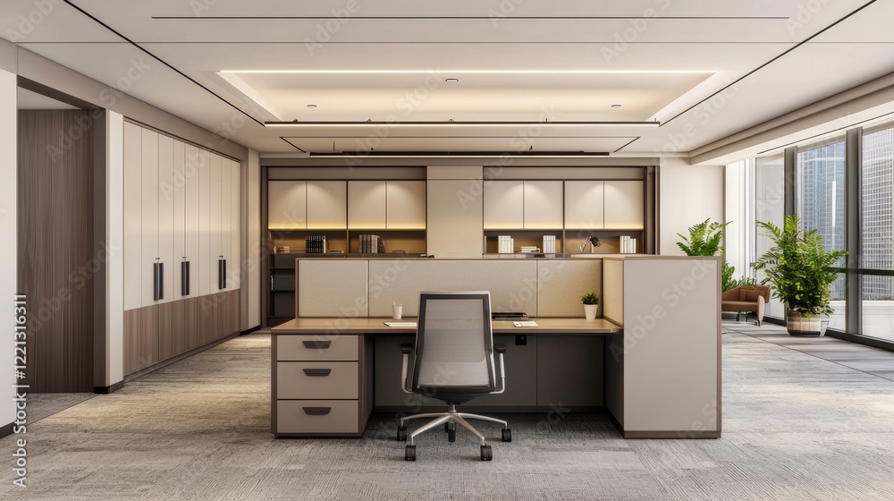 A modern office space featuring a clean desk, ergonomic chair, and plants, with natural light streaming through large windows. A modern office space featuring a clean desk, ergonomic chair, and plants, with natural light streaming through large windows.