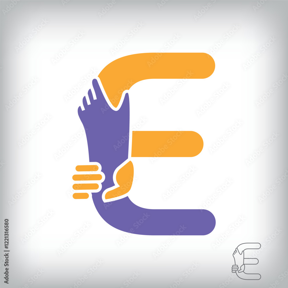 Unique handshake letter E design logo. Collaboration, help, agreement and teamwork corporate company design. Unique handshake letter E design logo. Collaboration, help, agreement and teamwork corporate company design.