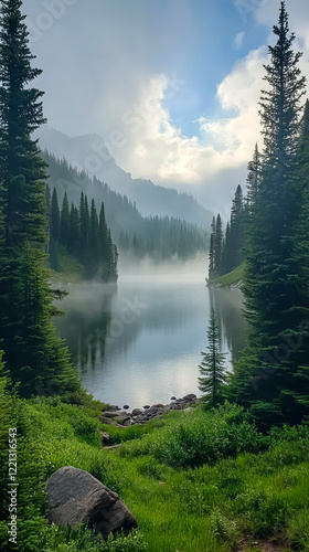 A tranquil mountain lake surrounded by lush pine trees and mist, with a picturesque view of distant peaks