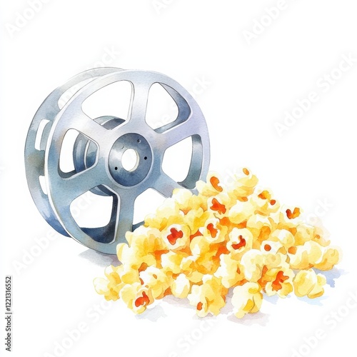 Watercolor film reel and popcorn delight cinematic snack scene creative art bright atmosphere, isolated on white background