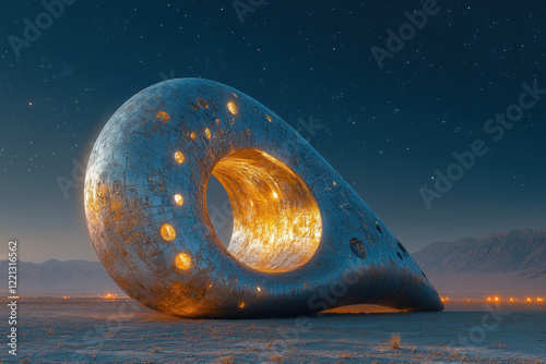 a futuristic architectural structure resembling a giant, curved toroid with holes.   photo