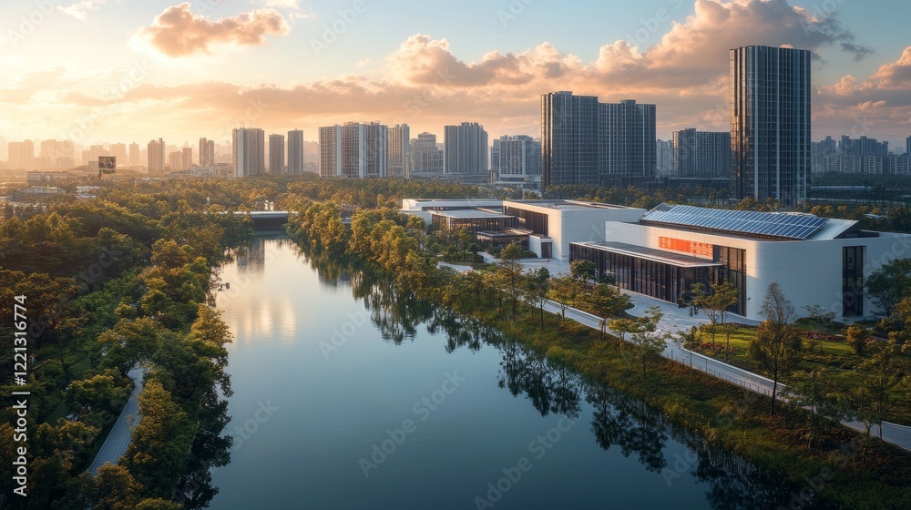 Naklejka premium Modern Architecture in a Vibrant Urban Setting During Sunset With Green Spaces and City Skyline in the Background