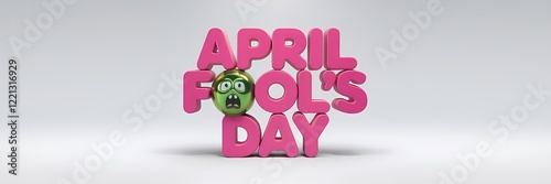 A creative minimalist 3D render of an April Fool's Day poster design. The poster has a white background and features a pink text that says 