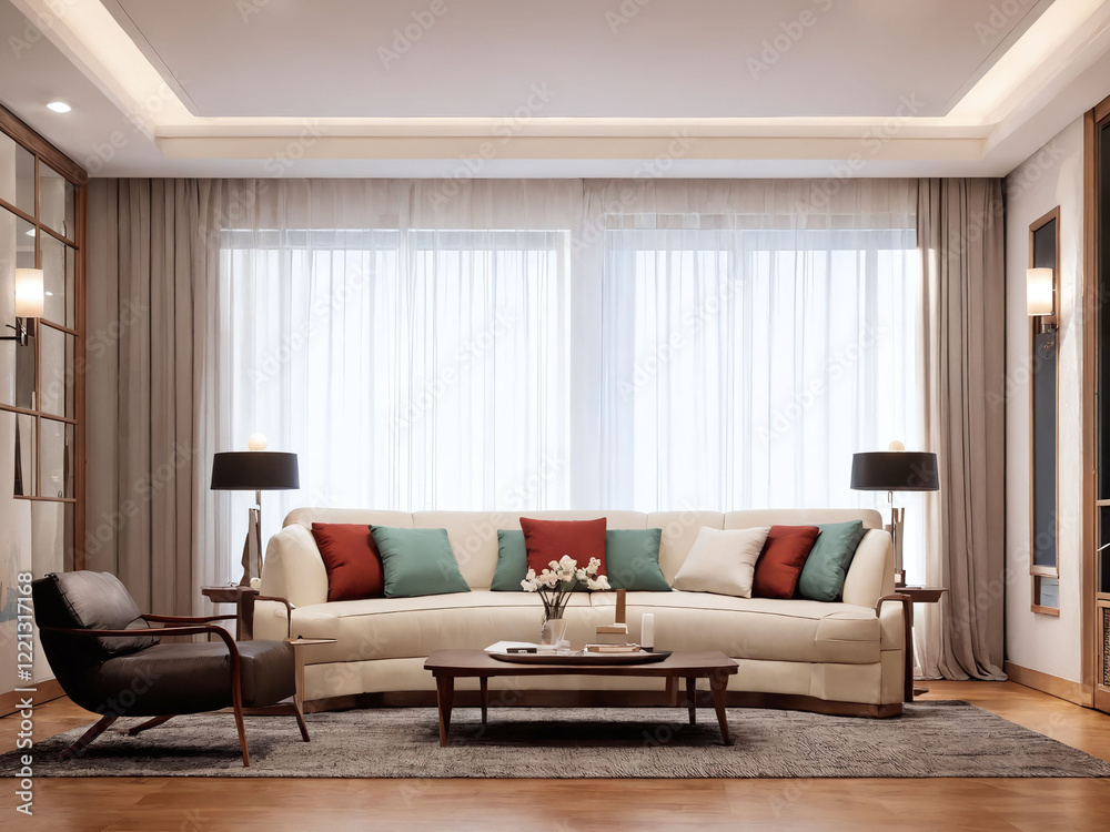 Fototapeta premium Modern living room with natural light and elegant decor featuring a comfortable sofa and stylish lamps